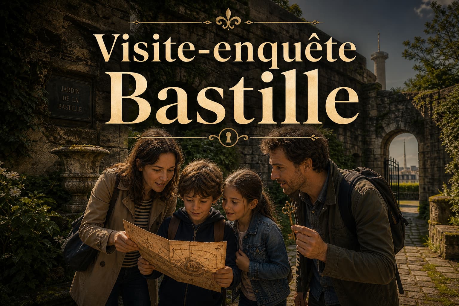 Famille de quatre personnes cherchant des indices dans un jardin en pierre historique, avec une carte et une clé ancienne, ambiance mystérieuse, et le texte
